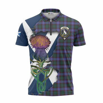 Hunter (Hunterston) Tartan Family Crest Zipper Polo Shirt Scottish Thistle Celtic Inspired