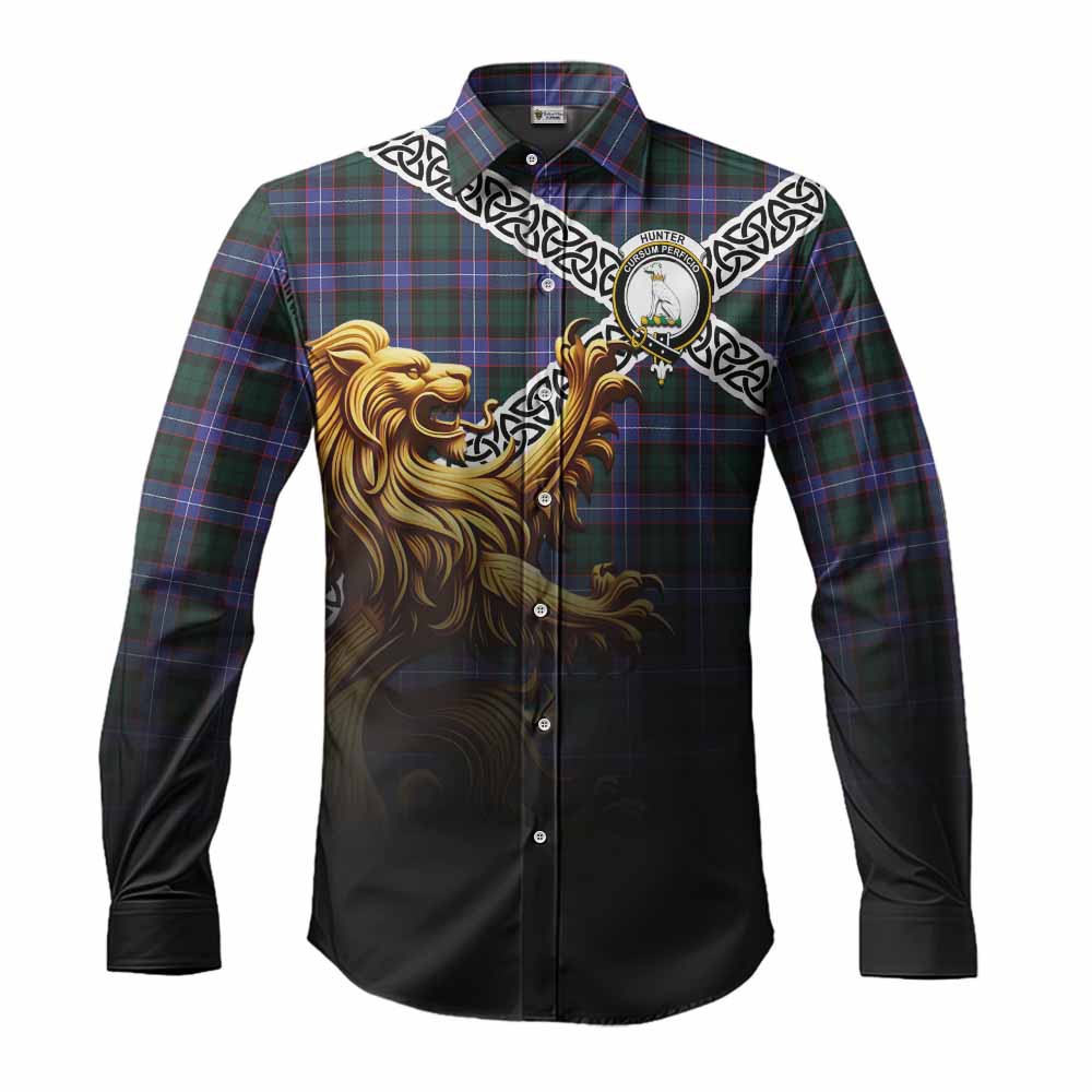 Tartan Vibes Clothing Hunter (Hunterston) Crest Tartan Long Sleeve Button Shirt with Golden Lion Emblem Celtic Style