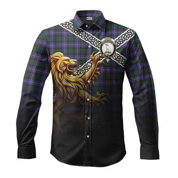 Hunter (Hunterston) Crest Tartan Long Sleeve Button Shirt with Golden Lion Emblem Celtic Style