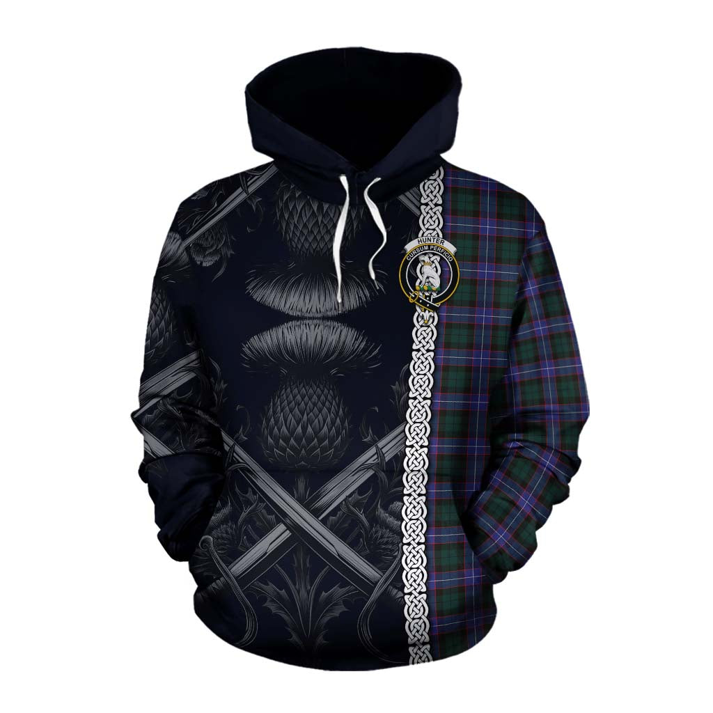Tartan Vibes Clothing Hunter (Hunterston) Tartan Cotton Hoodie with Family Crest Cross Sword Thistle Celtic Vibes