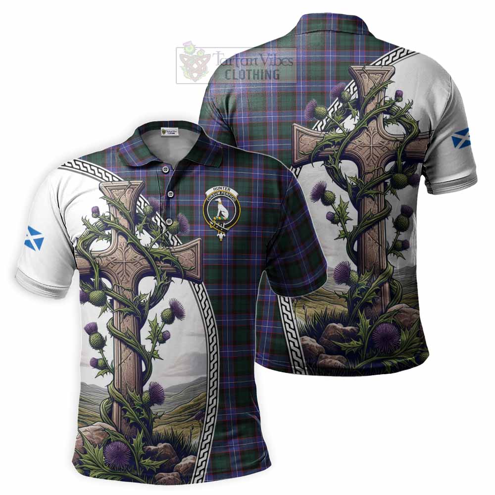 Tartan Vibes Clothing Hunter (Hunterston) Tartan Polo Shirt with Family Crest and St. Andrew's Cross Accented by Thistle Vines