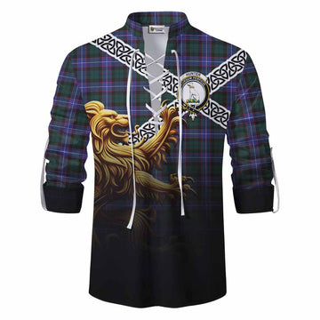 Hunter (Hunterston) Crest Tartan Ghillie Kilt Shirt with Golden Lion Emblem Celtic Style