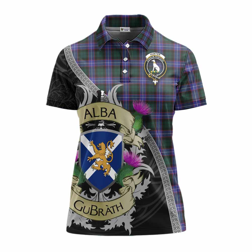 Tartan Vibes Clothing Hunter (Hunterston) Tartan Family Crest Women's Polo Shirt Lion Rampant Royal Thistle Shield Celtic Inspired