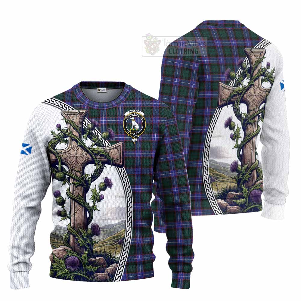 Tartan Vibes Clothing Hunter (Hunterston) Tartan Knitted Sweater with Family Crest and St. Andrew's Cross Accented by Thistle Vines