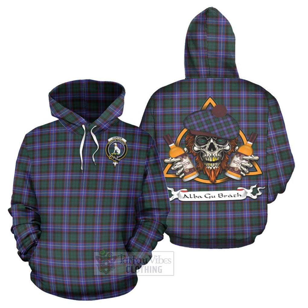 Tartan Vibes Clothing Hunter (Hunterston) Tartan Hoodie with Family Crest and Bearded Skull Holding Bottles of Whiskey