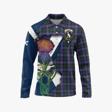 Tartan Vibes Clothing Hunter (Hunterston) Tartan Family Crest Long Sleeve Polo Shirt Scottish Thistle Celtic Inspired