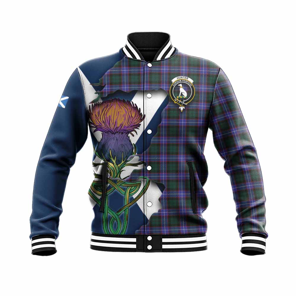 Tartan Vibes Clothing Hunter (Hunterston) Tartan Family Crest Baseball Jacket Scottish Thistle Celtic Inspired