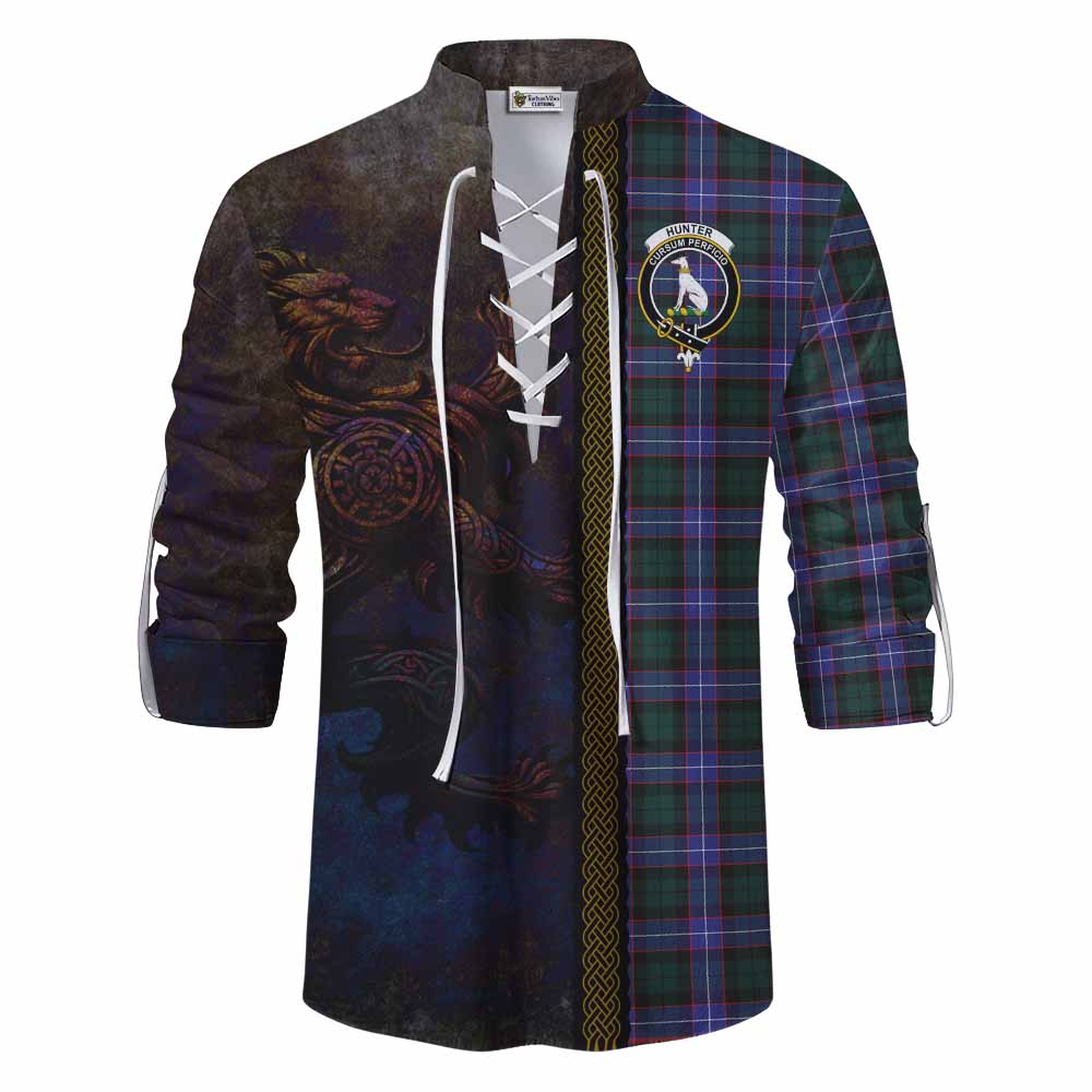 Tartan Vibes Clothing Hunter (Hunterston) Tartan Family Crest Ghillie Kilt Shirt Alba Gu Brath Be Brave Lion Ancient Style