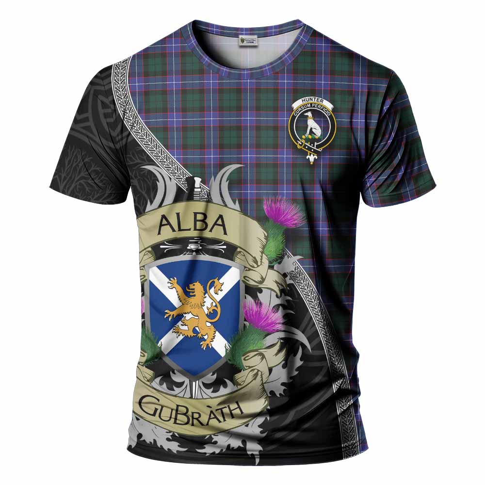 Tartan Vibes Clothing Hunter (Hunterston) Tartan Family Crest T-Shirt Lion Rampant Royal Thistle Shield Celtic Inspired