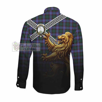 Hunter (Hunterston) Crest Tartan Long Sleeve Button Shirt with Golden Lion Emblem Celtic Style