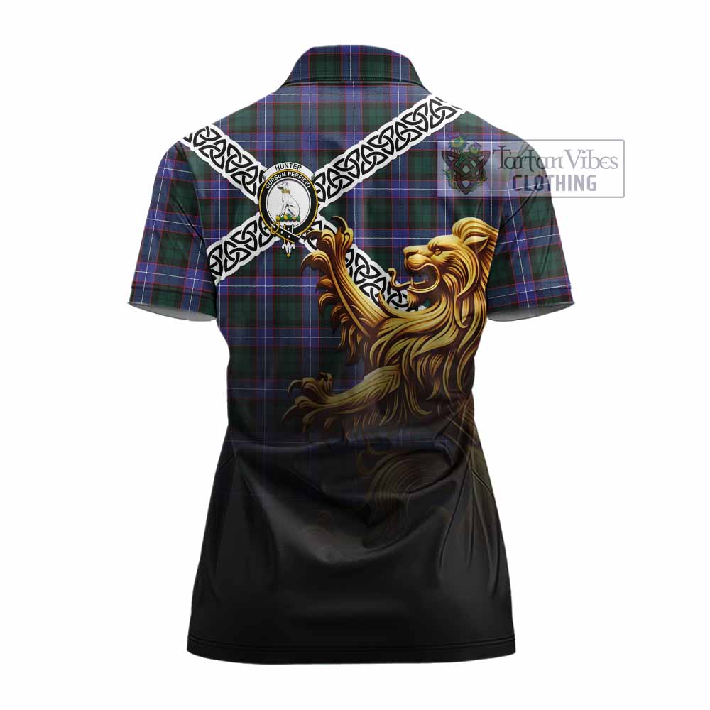 Tartan Vibes Clothing Hunter (Hunterston) Crest Tartan Women's Polo Shirt with Golden Lion Emblem Celtic Style
