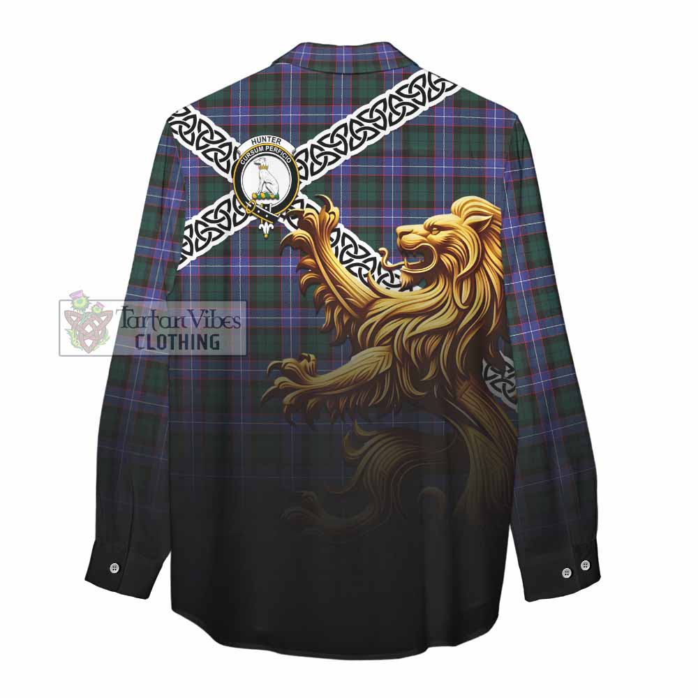Tartan Vibes Clothing Hunter (Hunterston) Crest Tartan Women's Casual Shirt with Golden Lion Emblem Celtic Style