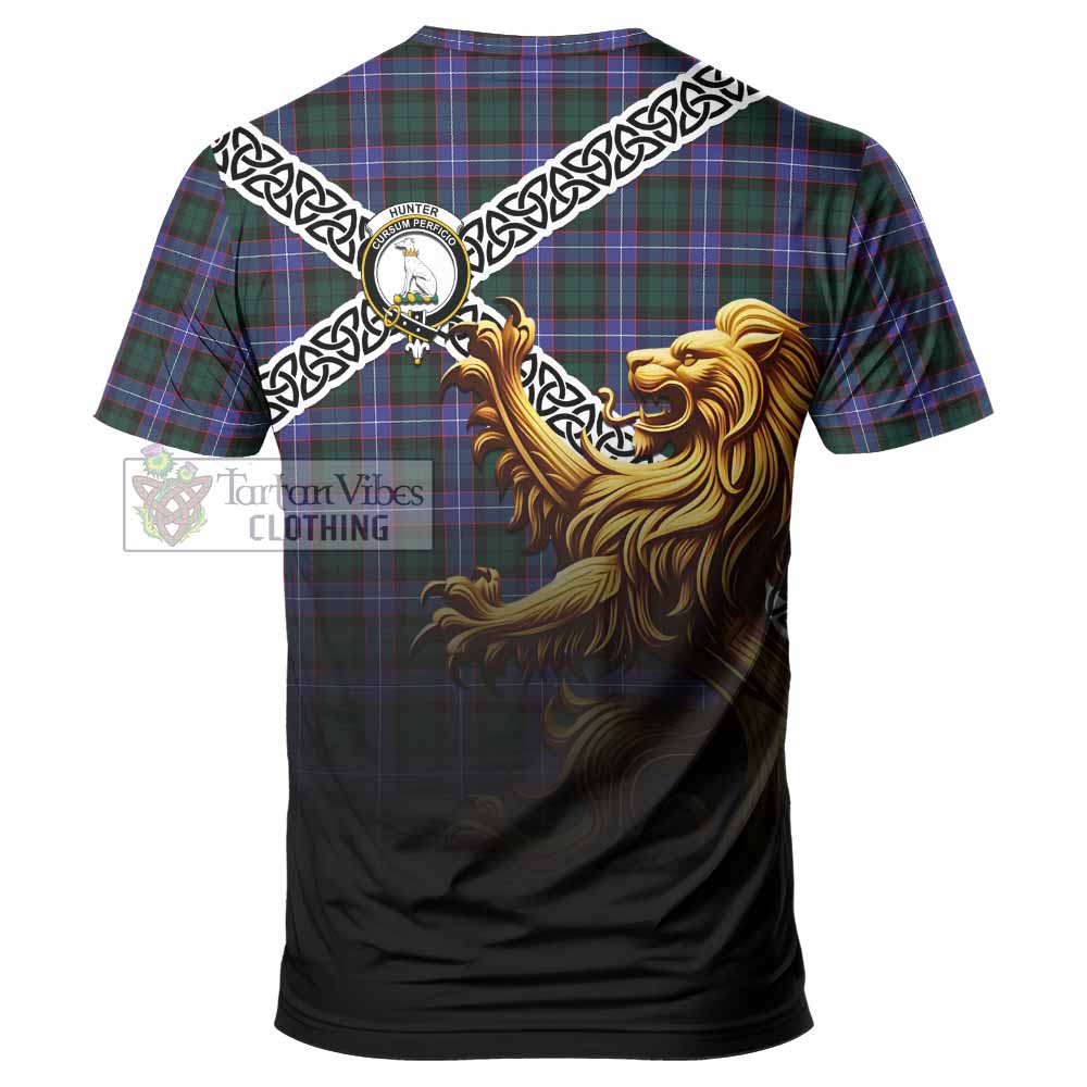 Tartan Vibes Clothing Hunter (Hunterston) Crest Tartan T-Shirt with Golden Lion Emblem Celtic Style