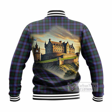 Tartan Vibes Clothing Hunter (Hunterston) Tartan Family Crest Baseball Jacket with Scottish Ancient Castle Style