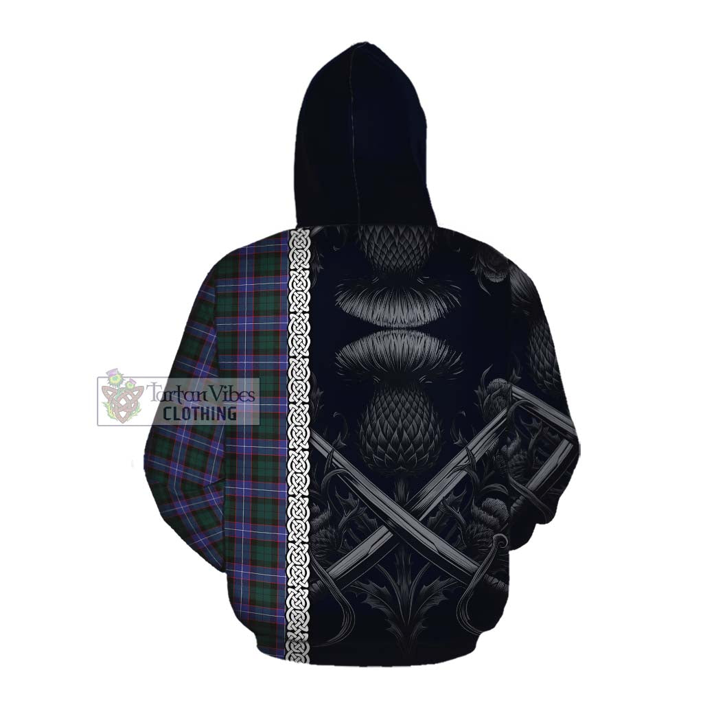 Tartan Vibes Clothing Hunter (Hunterston) Tartan Cotton Hoodie with Family Crest Cross Sword Thistle Celtic Vibes