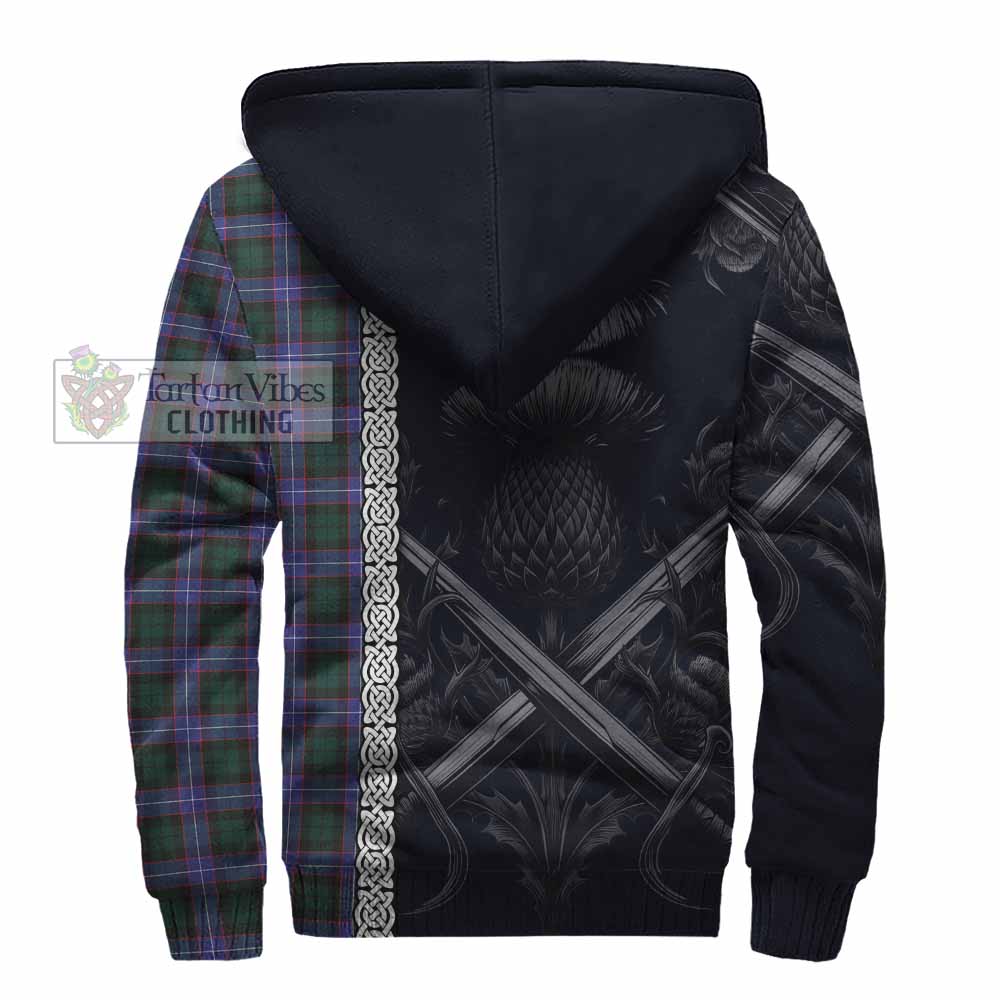 Tartan Vibes Clothing Hunter (Hunterston) Tartan Sherpa Hoodie with Family Crest Cross Sword Thistle Celtic Vibes