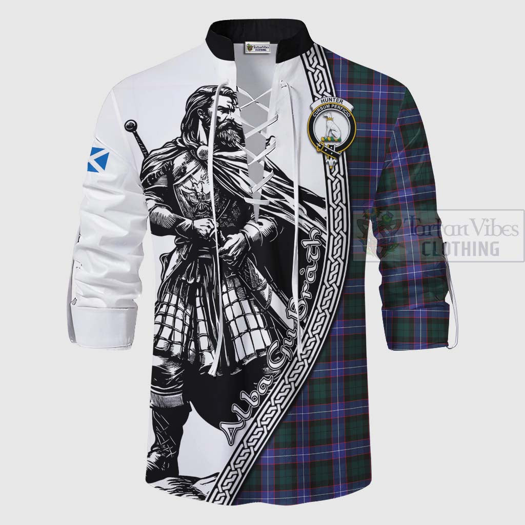 Tartan Vibes Clothing Hunter (Hunterston) Tartan Clan Crest Ghillie Kilt Shirt with Highlander Warrior Celtic Style