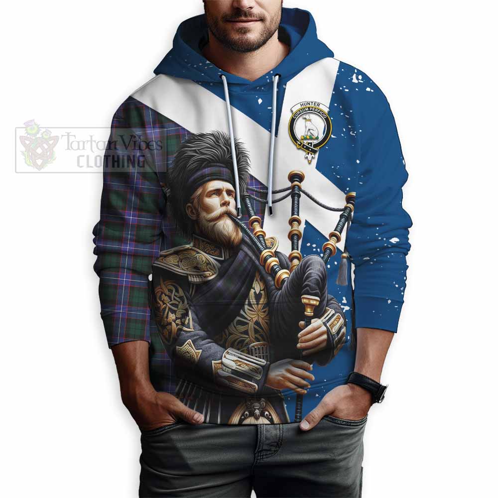 Tartan Vibes Clothing Hunter (Hunterston) Tartan Hoodie with Family Crest Scottish Bagpiper Vibes