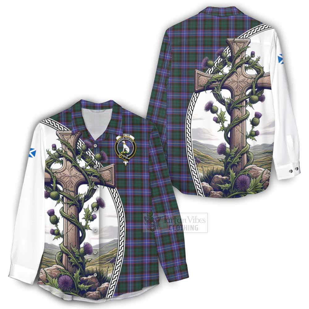 Tartan Vibes Clothing Hunter (Hunterston) Tartan Women's Casual Shirt with Family Crest and St. Andrew's Cross Accented by Thistle Vines