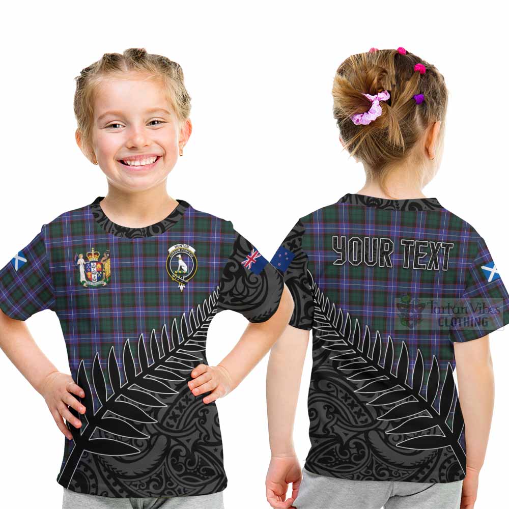Tartan Vibes Clothing Hunter (Hunterston) Crest Tartan Kid T-Shirt with New Zealand Silver Fern Half Style