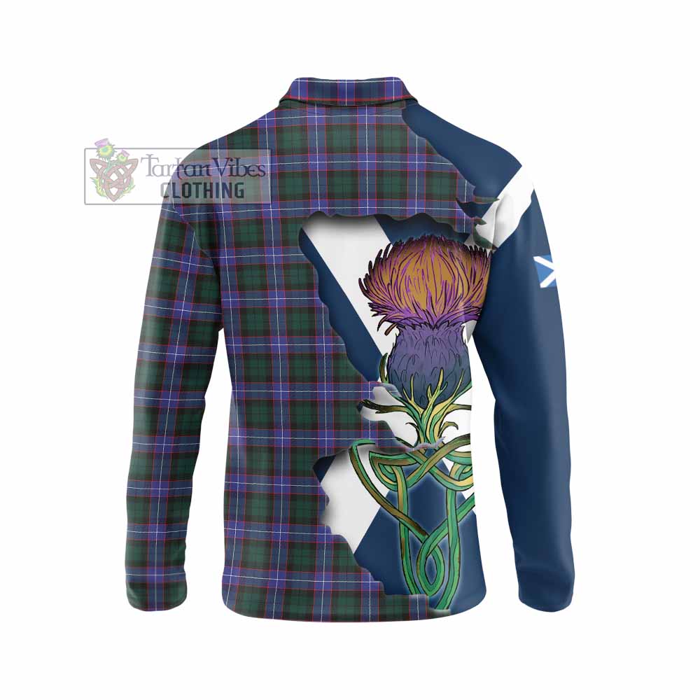 Tartan Vibes Clothing Hunter (Hunterston) Tartan Family Crest Long Sleeve Polo Shirt Scottish Thistle Celtic Inspired