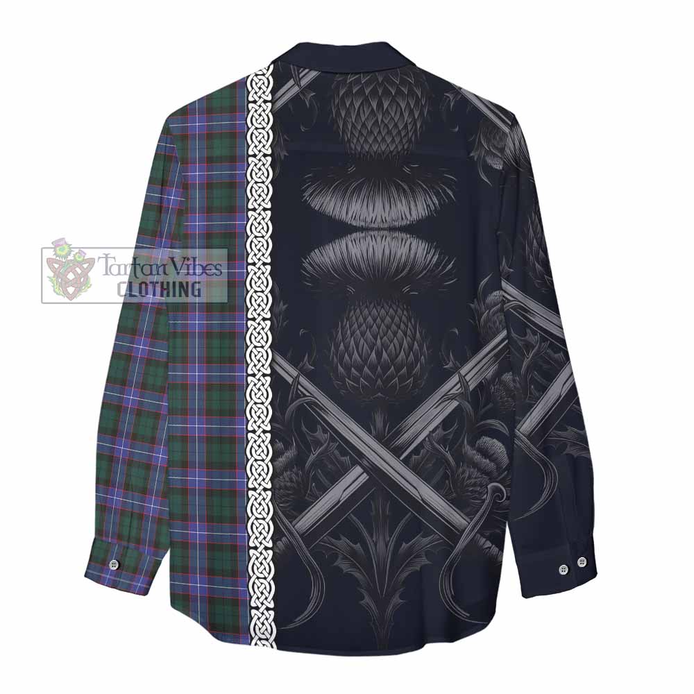 Tartan Vibes Clothing Hunter (Hunterston) Tartan Women's Casual Shirt with Family Crest Cross Sword Thistle Celtic Vibes