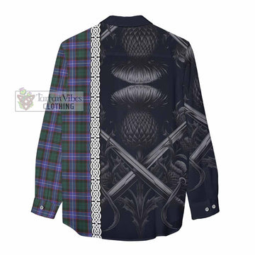 Tartan Vibes Clothing Hunter (Hunterston) Tartan Women's Casual Shirt with Family Crest Cross Sword Thistle Celtic Vibes