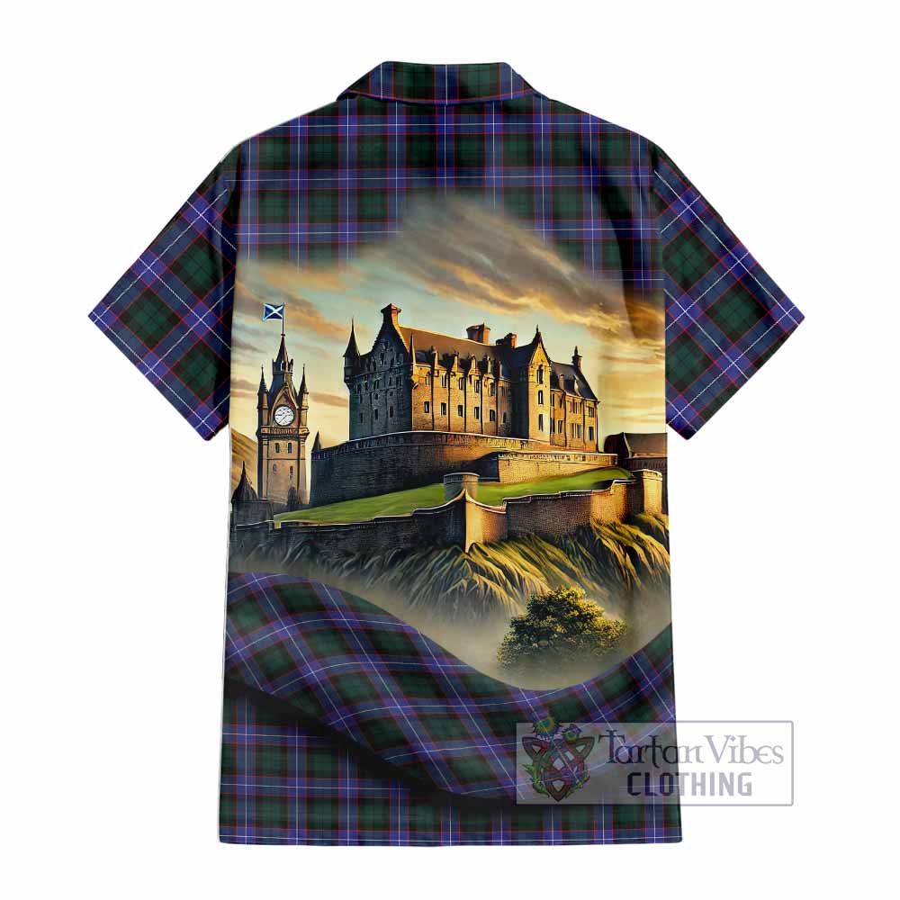 Tartan Vibes Clothing Hunter (Hunterston) Tartan Family Crest Short Sleeve Button Shirt with Scottish Ancient Castle Style
