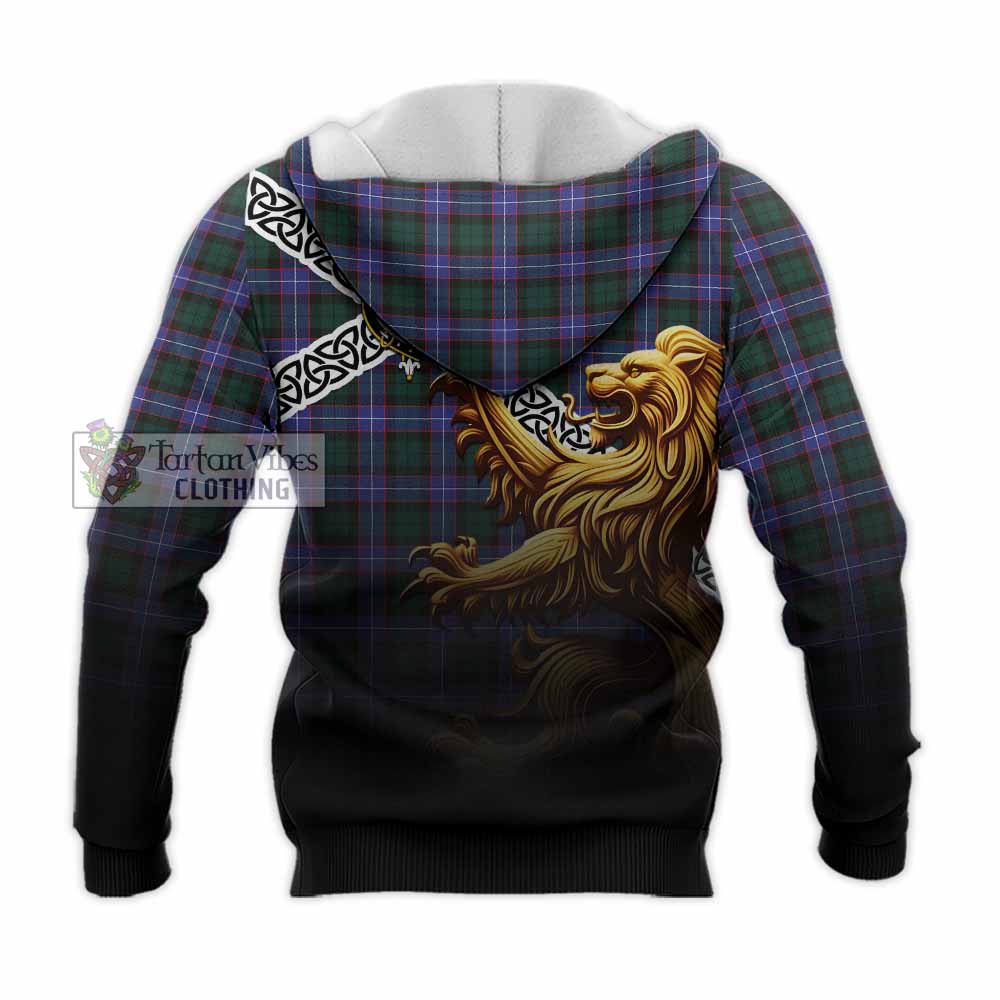Tartan Vibes Clothing Hunter (Hunterston) Crest Tartan Knitted Hoodie with Golden Lion Emblem Celtic Style