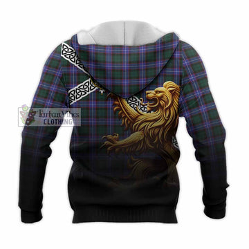 Hunter (Hunterston) Crest Tartan Knitted Hoodie with Golden Lion Emblem Celtic Style