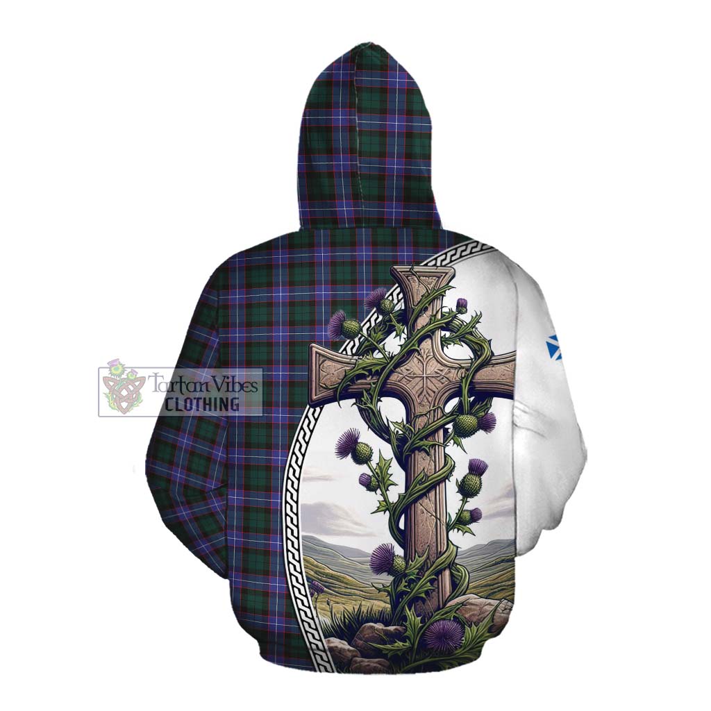 Tartan Vibes Clothing Hunter (Hunterston) Tartan Cotton Hoodie with Family Crest and St. Andrew's Cross Accented by Thistle Vines