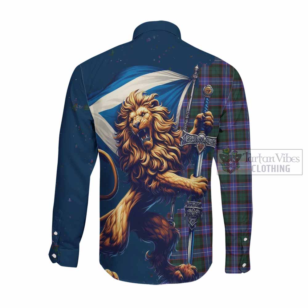 Tartan Vibes Clothing Hunter (Hunterston) Tartan Family Crest Long Sleeve Button Shirt with Scottish Majestic Lion