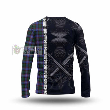 Tartan Vibes Clothing Hunter (Hunterston) Tartan Long Sleeve T-Shirt with Family Crest Cross Sword Thistle Celtic Vibes