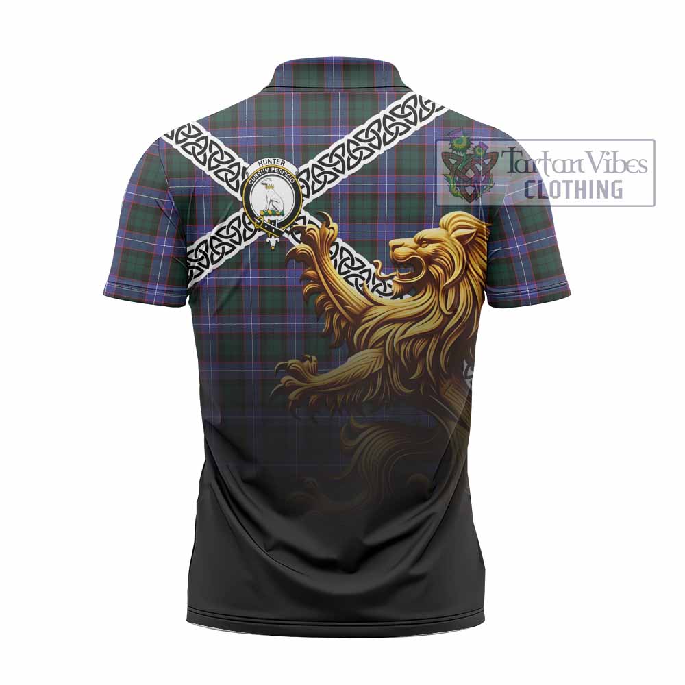 Tartan Vibes Clothing Hunter (Hunterston) Crest Tartan Zipper Polo Shirt with Golden Lion Emblem Celtic Style