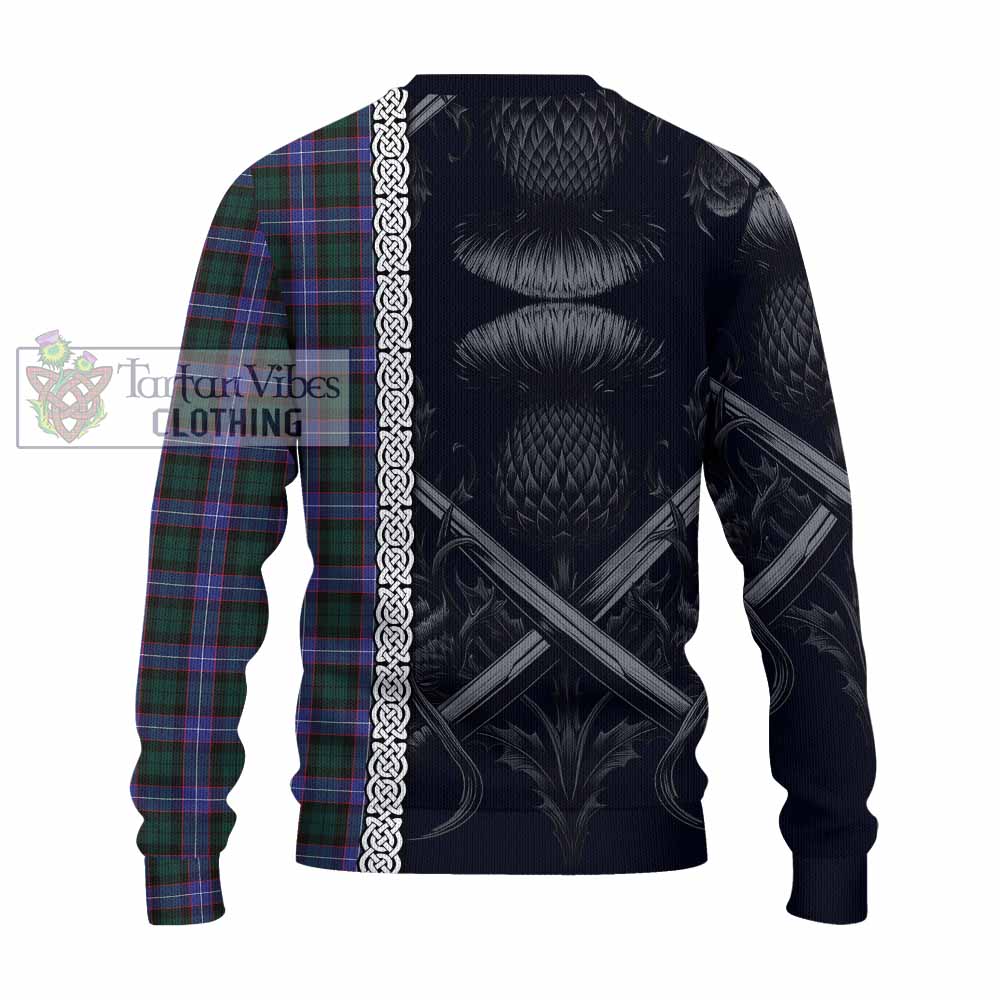 Tartan Vibes Clothing Hunter (Hunterston) Tartan Knitted Sweater with Family Crest Cross Sword Thistle Celtic Vibes