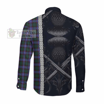 Tartan Vibes Clothing Hunter (Hunterston) Tartan Long Sleeve Button Shirt with Family Crest Cross Sword Thistle Celtic Vibes