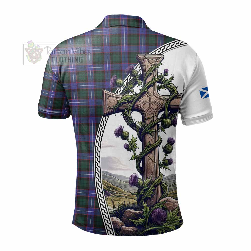 Tartan Vibes Clothing Hunter (Hunterston) Tartan Polo Shirt with Family Crest and St. Andrew's Cross Accented by Thistle Vines
