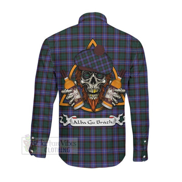 Hunter (Hunterston) Tartan Long Sleeve Button Shirt with Family Crest and Bearded Skull Holding Bottles of Whiskey