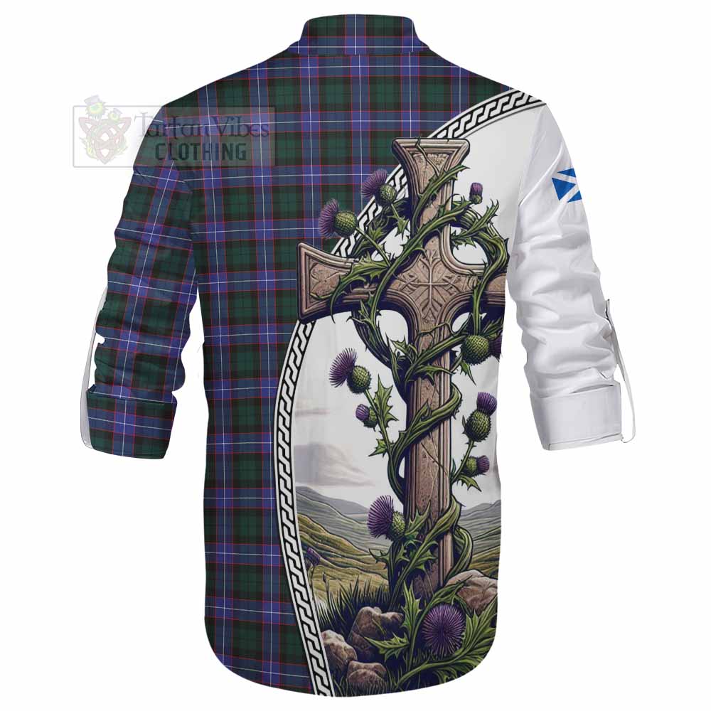 Tartan Vibes Clothing Hunter (Hunterston) Tartan Ghillie Kilt Shirt with Family Crest and St. Andrew's Cross Accented by Thistle Vines
