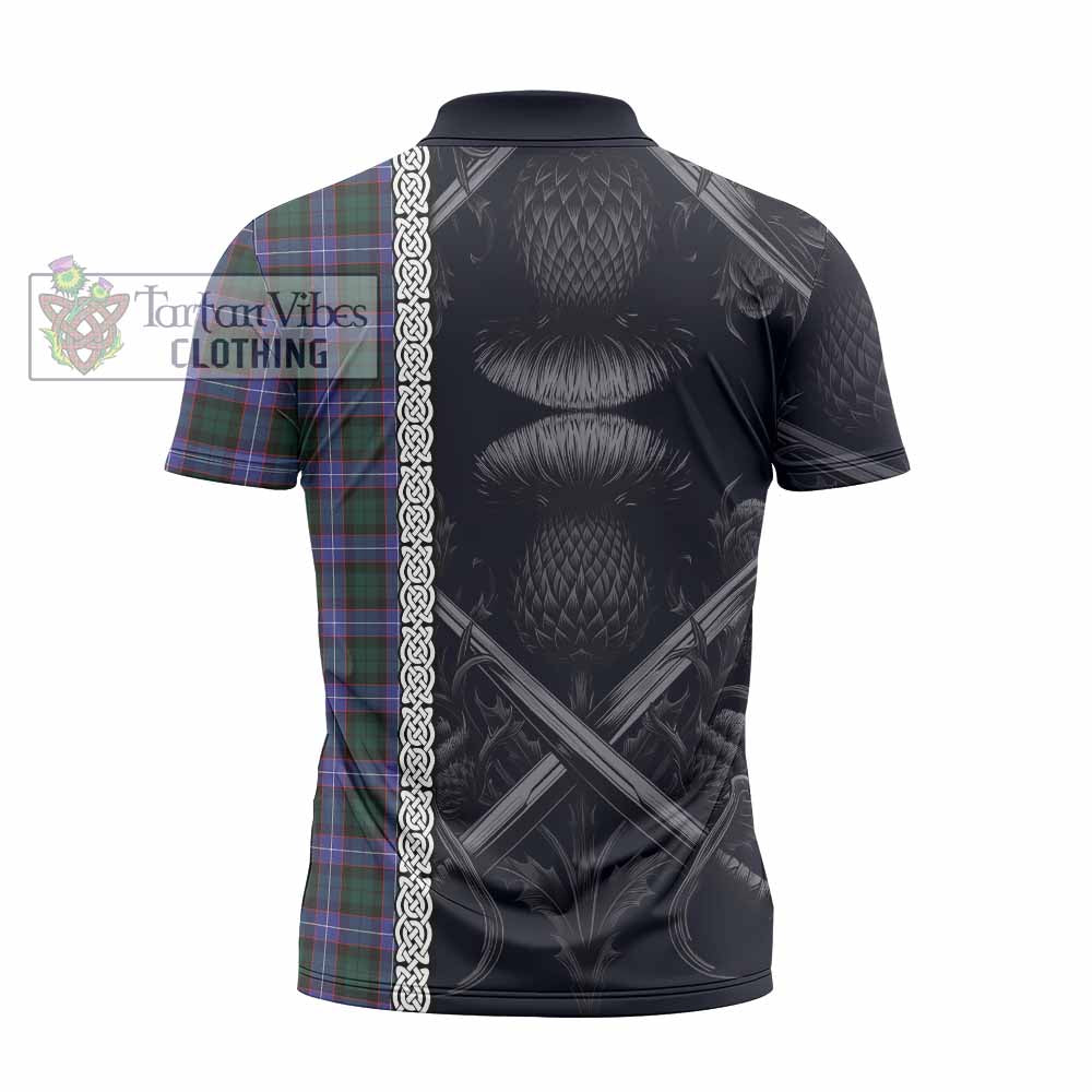 Tartan Vibes Clothing Hunter (Hunterston) Tartan Zipper Polo Shirt with Family Crest Cross Sword Thistle Celtic Vibes