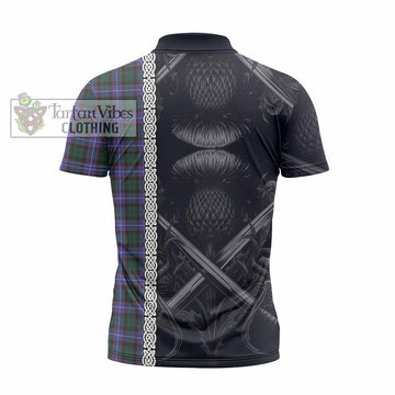 Hunter (Hunterston) Tartan Zipper Polo Shirt with Family Crest Cross Sword Thistle Celtic Vibes