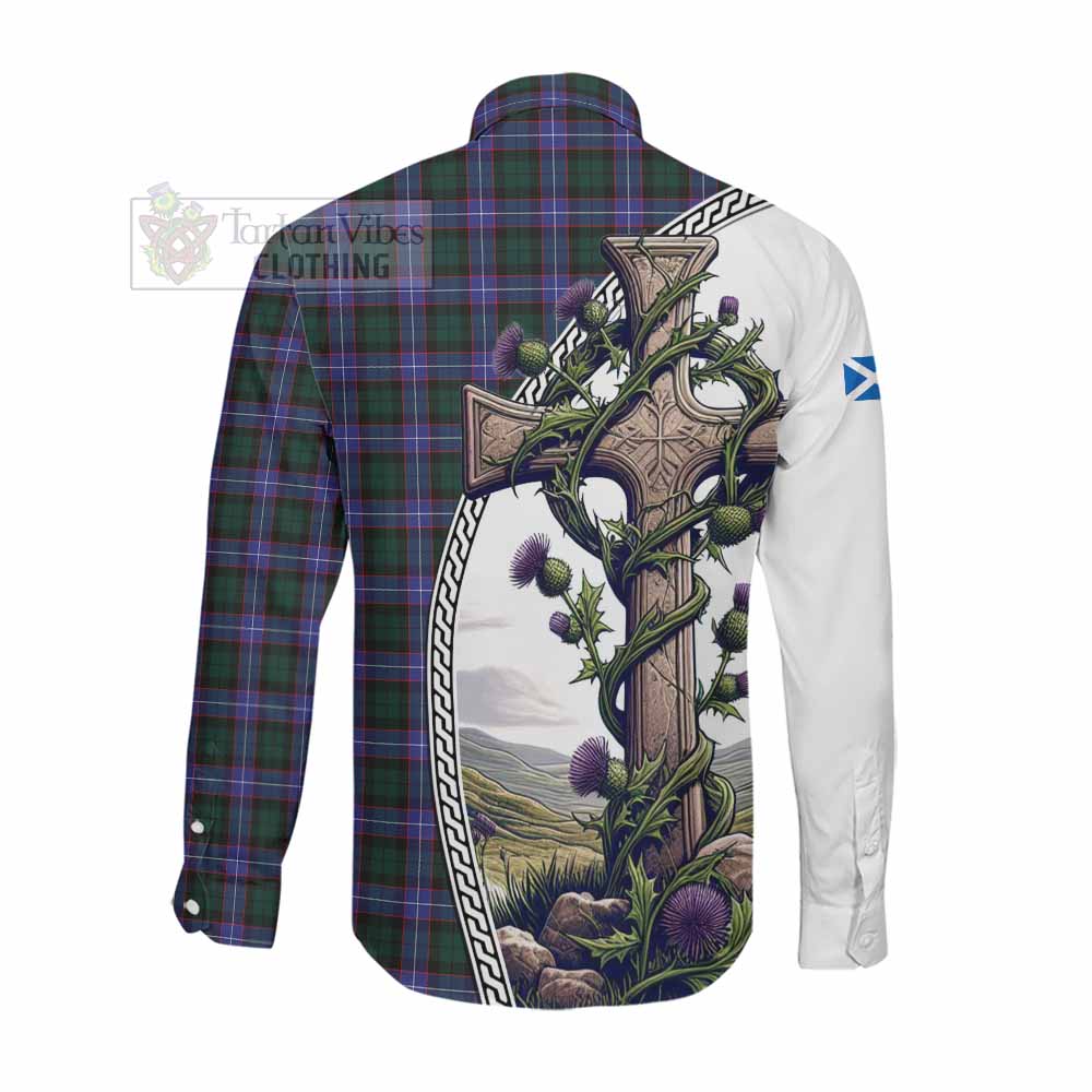 Tartan Vibes Clothing Hunter (Hunterston) Tartan Long Sleeve Button Shirt with Family Crest and St. Andrew's Cross Accented by Thistle Vines