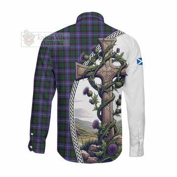 Tartan Vibes Clothing Hunter (Hunterston) Tartan Long Sleeve Button Shirt with Family Crest and St. Andrew's Cross Accented by Thistle Vines