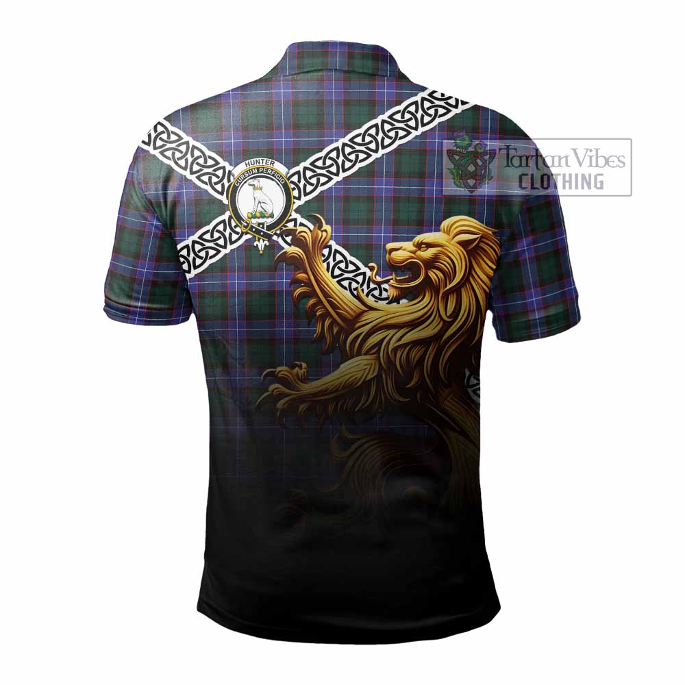 Tartan Vibes Clothing Hunter (Hunterston) Crest Tartan Polo Shirt with Golden Lion Emblem Celtic Style