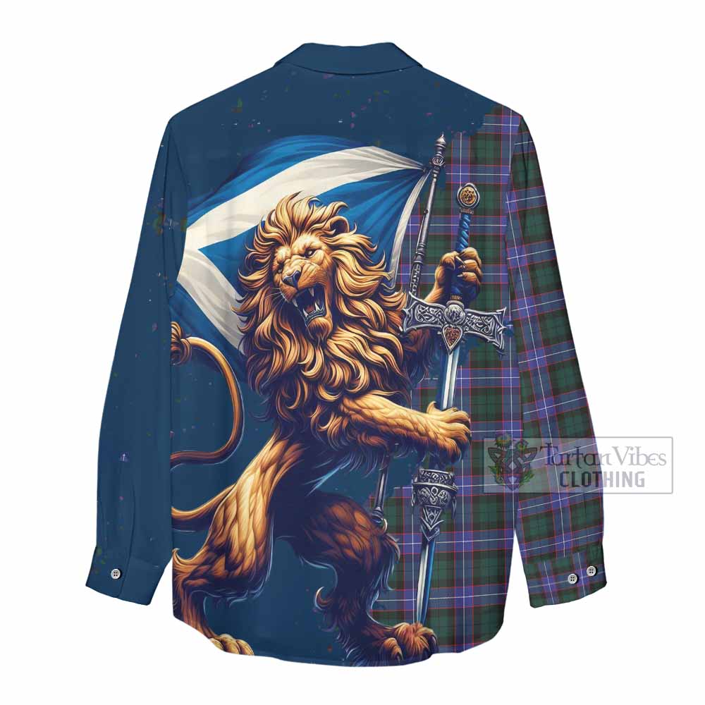 Tartan Vibes Clothing Hunter (Hunterston) Tartan Family Crest Women's Casual Shirt with Scottish Majestic Lion