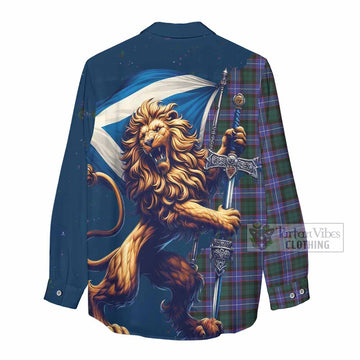 Tartan Vibes Clothing Hunter (Hunterston) Tartan Family Crest Women's Casual Shirt with Scottish Majestic Lion