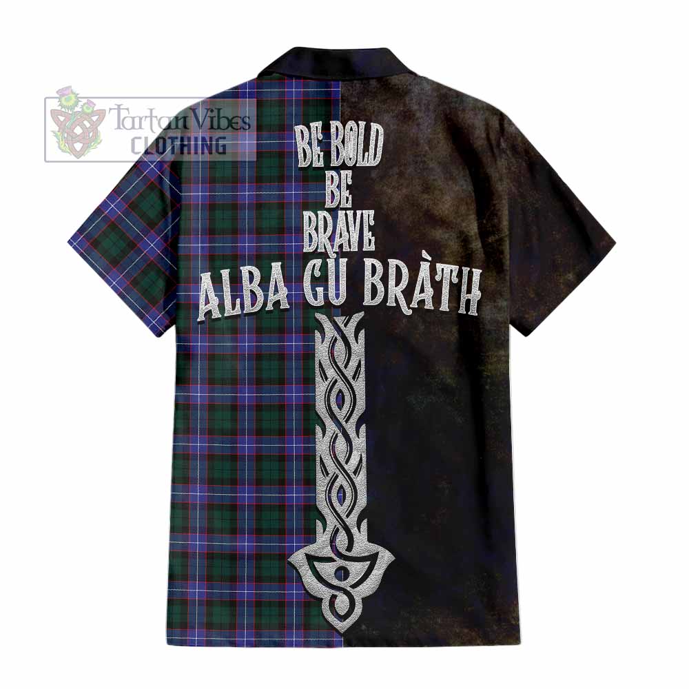 Tartan Vibes Clothing Hunter (Hunterston) Tartan Family Crest Short Sleeve Button Shirt Alba Gu Brath Be Brave Lion Ancient Style