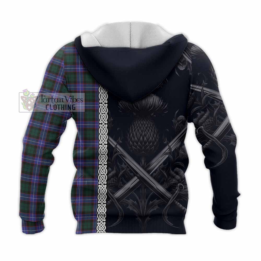Tartan Vibes Clothing Hunter (Hunterston) Tartan Knitted Hoodie with Family Crest Cross Sword Thistle Celtic Vibes