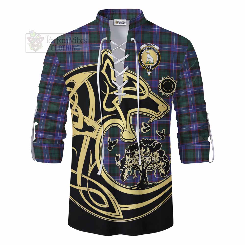 Tartan Vibes Clothing Hunter (Hunterston) Tartan Ghillie Kilt Shirt with Family Crest Celtic Wolf Style