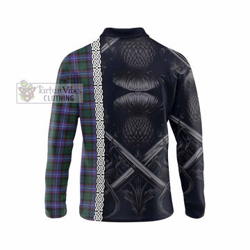 Tartan Vibes Clothing Hunter (Hunterston) Tartan Long Sleeve Polo Shirt with Family Crest Cross Sword Thistle Celtic Vibes